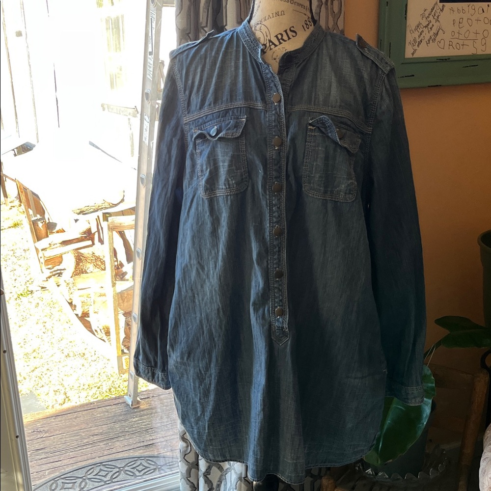 GAP Distressed Indigo Tunic with Pockets Shirt